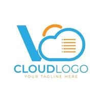 Cloud Tech Logo. Initial Letter V with Cloud and Document for Technology Concept. Data Software Weather Sign vector