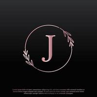 elegante logotipo floral del círculo de letras j con línea de rama de monograma de hoja elegante creativa y color negro rosa. utilizable para logotipos de negocios, moda, cosméticos, spa, ciencia, medicina y naturaleza. vector