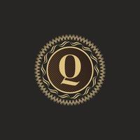 Emblem Letter Q Gold Monogram Design. Luxury Volumetric Logo Template. 3D Line Ornament for Business Sign, Badge, Crest, Label, Boutique Brand, Hotel, Restaurant, Heraldic. Vector Illustration