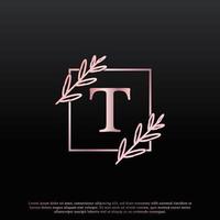 Elegant T Letter Square Floral Logo with Creative Elegant Leaf Monogram Branch Line and Pink Black Color. Usable for Business, Fashion, Cosmetics, Spa, Science, Medical and Nature Logos. vector