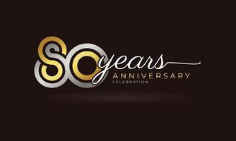 80 Year Anniversary Celebration Logotype with Linked Multiple Line Silver and Golden Color for Celebration Event, Wedding, Greeting Card, and Invitation Isolated on Dark Background vector