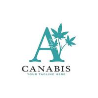 Letter A Green Canabis Logo Alphabet With Medical Marijuana Leaf. Usable for Business, Science, Healthcare, Medical and Nature Logos. vector