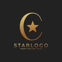 Logotipo abstracto de la estrella c de la letra inicial. oro una letra con combinación de icono de estrella. utilizable para logotipos comerciales y de marca. vector