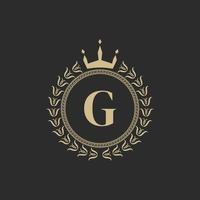 Initial Letter G Heraldic Royal Frame with Crown and Laurel Wreath. Simple Classic Emblem. Round Composition. Graphics Style. Art Elements for Logo Design Vector Illustration