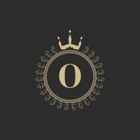 Initial Letter O Heraldic Royal Frame with Crown and Laurel Wreath. Simple Classic Emblem. Round Composition. Graphics Style. Art Elements for Logo Design Vector Illustration