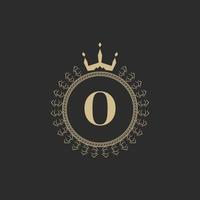 Initial Letter O Heraldic Royal Frame with Crown and Laurel Wreath. Simple Classic Emblem. Round Composition. Graphics Style. Art Elements for Logo Design Vector Illustration