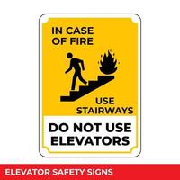 en caso de incendio, use las escaleras, no use el letrero de los ascensores con un mensaje de advertencia para áreas industriales, fácil de usar y plantillas de diseño de impresión vector