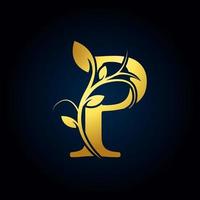 Elegant P Luxury Logo. Golden Floral Alphabet Logo with Flowers Leaves. Perfect for Fashion, Jewelry, Beauty Salon, Cosmetics, Spa, Boutique, Wedding, Letter Stamp, Hotel and Restaurant Logo. vector