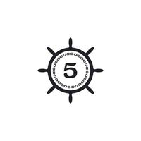 número 5 dentro del volante del barco y el icono de la cadena circular para la inspiración del logotipo náutico vector