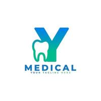 Dental Clinic Logo. Blue Shape Initial Letter Y Linked with Tooth Symbol inside. Usable for Dentist, Dental Care and Medical Logos. Flat Vector Logo Design Ideas Template Element.