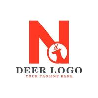 Orange Deer Logo Design. Orange Shape Initial Letter N with Head Deer Silhouette inside. Flat Vector Logo Design Ideas Template Element