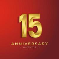 15 Year Anniversary Celebration with Golden Shiny Color for Celebration Event, Wedding, Greeting card, and Invitation Card Isolated on Red Background