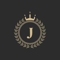 Initial Letter J Heraldic Royal Frame with Crown and Laurel Wreath. Simple Classic Emblem. Round Composition. Graphics Style. Art Elements for Logo Design Vector Illustration