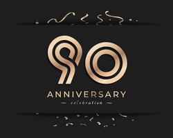 Diseño de estilo de logotipo de celebración de aniversario de 90 años. el saludo de feliz aniversario celebra el evento con múltiples líneas doradas y confeti aislado en la ilustración de diseño de fondo oscuro vector