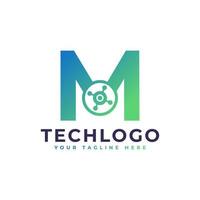 logotipo de la letra m de tecnología. forma geométrica verde con círculo de puntos conectado como vector de logotipo de red. utilizable para logotipos de negocios y tecnología.