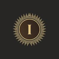 Emblem Letter I Gold Monogram Design. Luxury Volumetric Logo Template. 3D Line Ornament for Business Sign, Badge, Crest, Label, Boutique Brand, Hotel, Restaurant, Heraldic. Vector Illustration