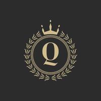 Initial Letter Q Heraldic Royal Frame with Crown and Laurel Wreath. Simple Classic Emblem. Round Composition. Graphics Style. Art Elements for Logo Design Vector Illustration