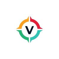 letra colorida v dentro del elemento de plantilla de diseño de logotipo de brújula vector