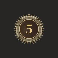 Emblem Number 5 Gold Monogram Design. Luxury Volumetric Logo Template. 3D Line Ornament for Business Sign, Badge, Crest, Label, Boutique Brand, Hotel, Restaurant, Heraldic. Vector Illustration