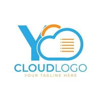 logotipo de tecnología en la nube. letra inicial y con nube y documento por concepto de tecnología. señal meteorológica de software de datos vector