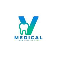 Dental Clinic Logo. Blue Shape Initial Letter V Linked with Tooth Symbol inside. Usable for Dentist, Dental Care and Medical Logos. Flat Vector Logo Design Ideas Template Element.