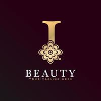 Elegant I Luxury Logo. Golden Floral Alphabet Logo with Flowers Leaves. Perfect for Fashion, Jewelry, Beauty Salon, Cosmetics, Spa, Boutique, Wedding, Letter Stamp, Hotel and Restaurant Logo. vector