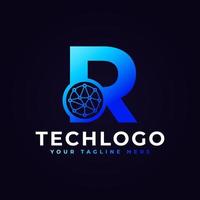 logotipo de la letra r de tecnología. forma geométrica azul con círculo de puntos conectado como vector de logotipo de red. utilizable para logotipos de negocios y tecnología.