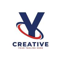 logotipo de la letra y de la corporación con elemento de plantilla de vector de icono de órbita de swoosh de círculo creativo en color azul y rojo.