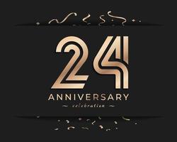 Diseño de estilo de logotipo de celebración de aniversario de 24 años. el saludo de feliz aniversario celebra el evento con múltiples líneas doradas y confeti aislado en la ilustración de diseño de fondo oscuro vector