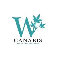 Letter W Green Canabis Logo Alphabet With Medical Marijuana Leaf. Usable for Business, Science, Healthcare, Medical and Nature Logos. vector