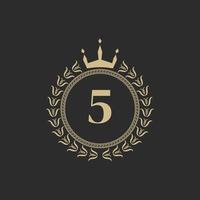 Number 5 Heraldic Royal Frame with Crown and Laurel Wreath. Simple Classic Emblem. Round Composition. Graphics Style. Art Elements for Logo Design Vector Illustration