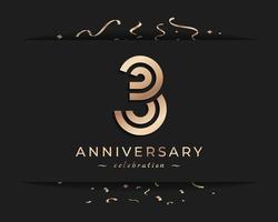 Diseño de estilo de logotipo de celebración de aniversario de 3 años. el saludo de feliz aniversario celebra el evento con múltiples líneas doradas y confeti aislado en la ilustración de diseño de fondo oscuro vector