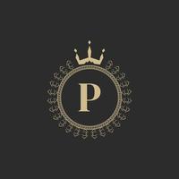 Initial Letter P Heraldic Royal Frame with Crown and Laurel Wreath. Simple Classic Emblem. Round Composition. Graphics Style. Art Elements for Logo Design Vector Illustration