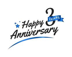Celebración del aniversario de 3 años con swoosh azul y símbolo de cinta azul. saludo de feliz aniversario celebra ilustración de diseño de plantilla vector