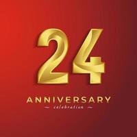 24 Year Anniversary Celebration with Golden Shiny Color for Celebration Event, Wedding, Greeting card, and Invitation Card Isolated on Red Background vector