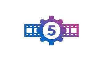 Number 5 Gear Cog Wheel with Reel Stripes Filmstrip for Film Movie Cinema Production Studio Logo Inspiration vector