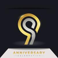 Celebración del aniversario de 9 años con varias líneas vinculadas de color dorado y plateado para eventos de celebración, bodas, tarjetas de felicitación e invitaciones aisladas en un fondo oscuro vector