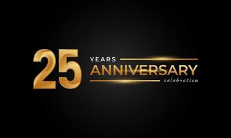 Celebración del aniversario de 25 años con color dorado y plateado brillante para el evento de celebración, boda, tarjeta de felicitación e invitación aislada en fondo negro
