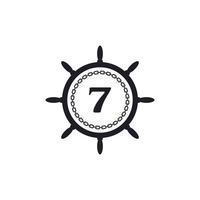 número 7 dentro del volante del barco y el icono de la cadena circular para la inspiración del logotipo náutico vector