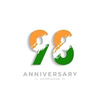 98 Year Anniversary Celebration with Brush White Slash in Yellow Saffron and Green Indian Flag Color. Happy Anniversary Greeting Celebrates Event Isolated on White Background vector