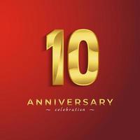 10 Year Anniversary Celebration with Golden Shiny Color for Celebration Event, Wedding, Greeting card, and Invitation Card Isolated on Red Background vector