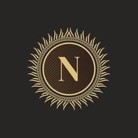Emblem Letter N Gold Monogram Design. Luxury Volumetric Logo Template. 3D Line Ornament for Business Sign, Badge, Crest, Label, Boutique Brand, Hotel, Restaurant, Heraldic. Vector Illustration