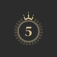 Number 5 Heraldic Royal Frame with Crown and Laurel Wreath. Simple Classic Emblem. Round Composition. Graphics Style. Art Elements for Logo Design Vector Illustration