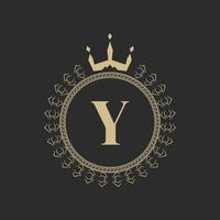 Initial Letter Y Heraldic Royal Frame with Crown and Laurel Wreath. Simple Classic Emblem. Round Composition. Graphics Style. Art Elements for Logo Design Vector Illustration