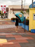 Young girl using public payphone photo