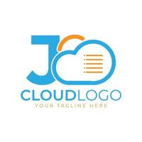 logotipo de tecnología en la nube. letra inicial j con nube y documento para el concepto de tecnología. señal meteorológica de software de datos vector