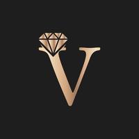 letra dorada lujo v con símbolo de diamante. inspiración de diseño de logotipo de diamante premium vector
