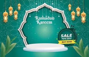 elegant ramadan kareem sale banner with green colour background vector