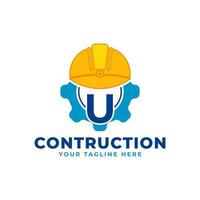 Initial Letter U with Gear and Helmet. Construction and Engineering Logo Concept vector