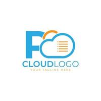 logotipo de tecnología en la nube. letra inicial p con nube y documento para el concepto de tecnología. señal meteorológica de software de datos vector